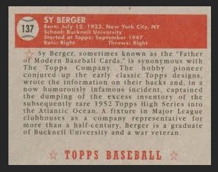 1952 Topps Sy Bereger Card Back